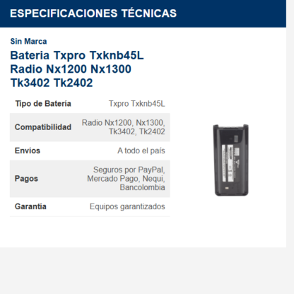 bateria-txpro-txknb45l-radio-nx1200-nx1300-tk3402-tk2402